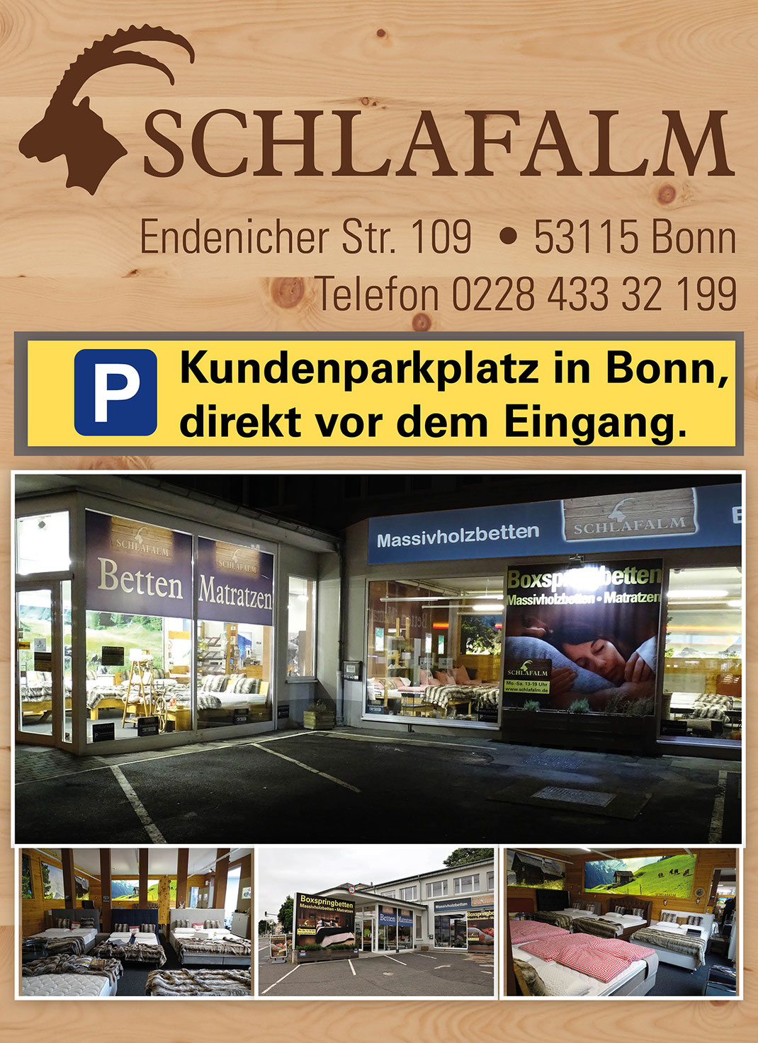 Ein Bild für unsere Besucher aus Köln, Bonn und dem Rhein-Sieg-Kreis, das Text, Massivholzbetten, Matratzen und Boxspringbetten enthält. Alle Preise inkl. Lieferung in Bonn/Köln + 50km Umkreis durch einen regional tätigen Liefer- und Montageservice. 