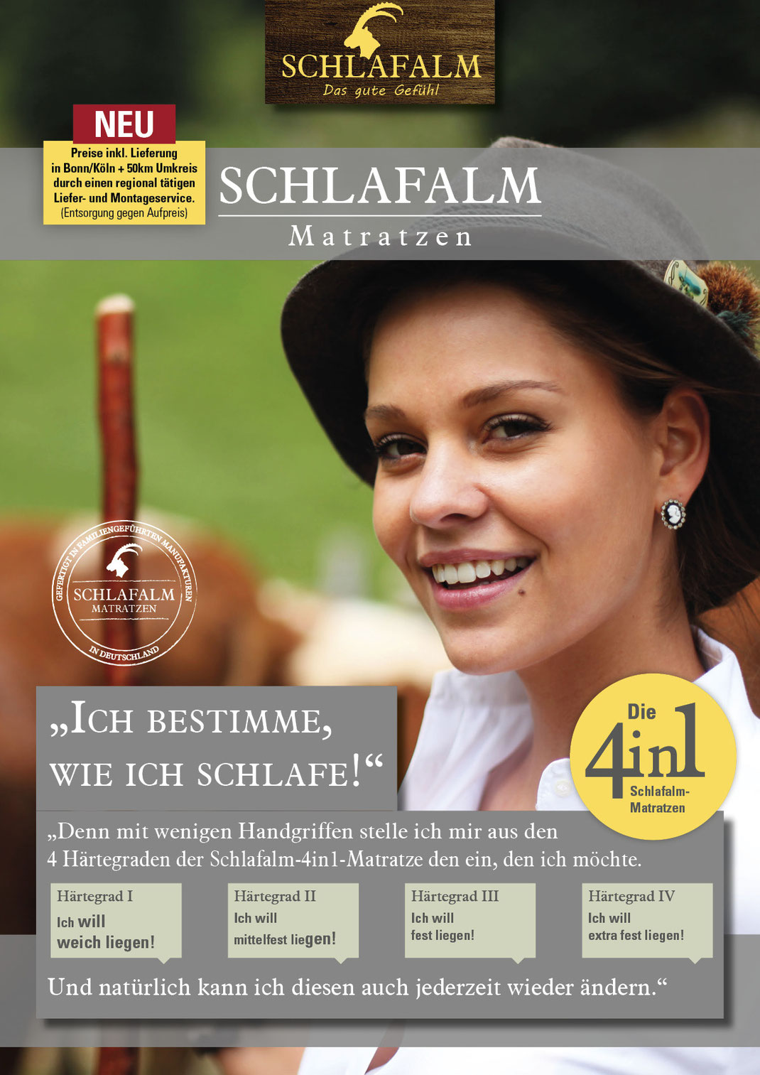 Ein Bild für unsere Besucher aus Köln, Bonn und dem Rhein-Sieg-Kreis, das Text, Matratzen, Taschenfederkernmatratzen und Kaltschaummatratzen enthält. Alle Preise inkl. Lieferung in Bonn/Köln + 50km Umkreis durch einen regional tätigen Lieferservice.