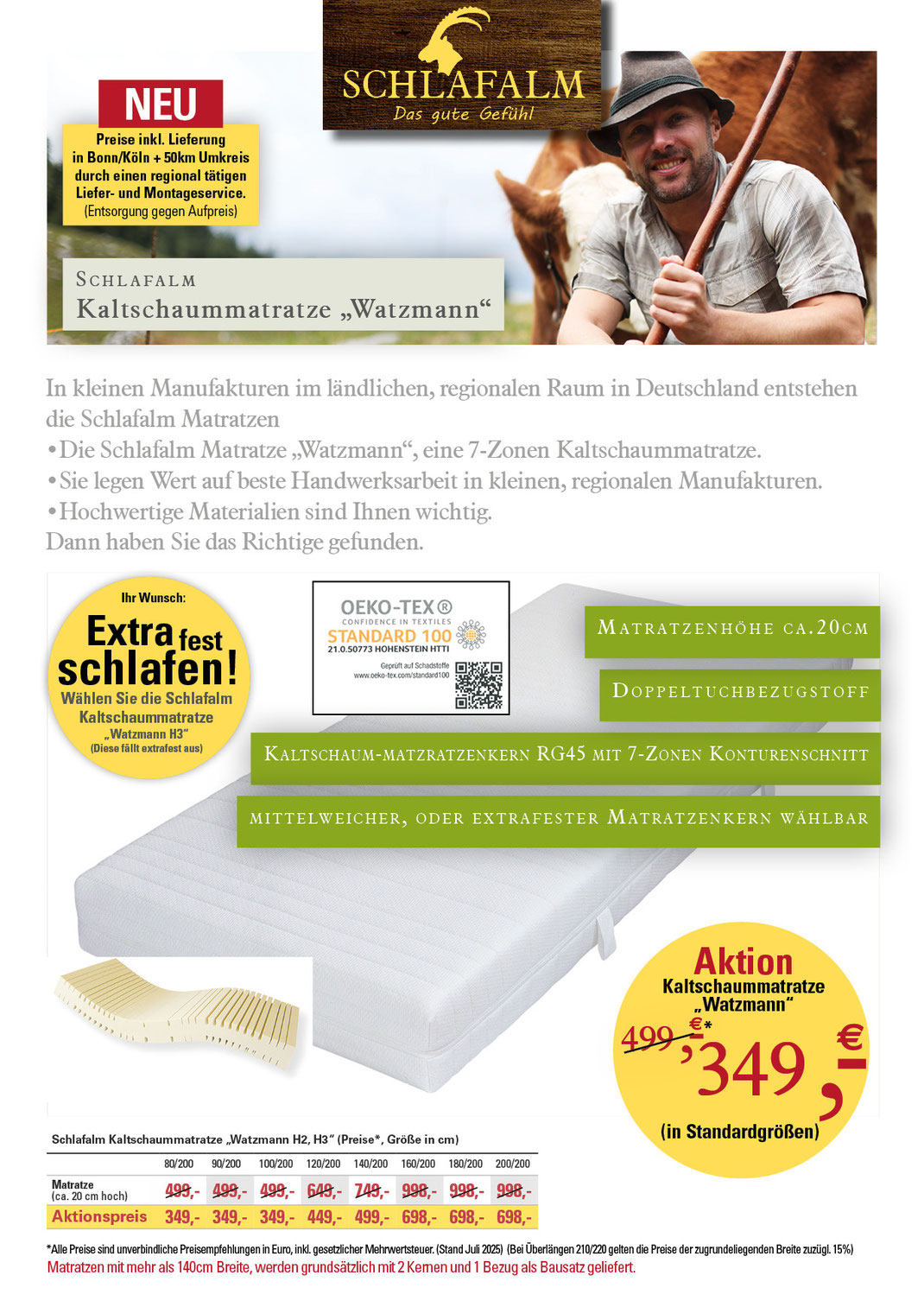 Ein Bild für unsere Besucher aus Köln, Bonn und dem Rhein-Sieg-Kreis, das Text und die Aktionspreise der Kaltschaummatratze -Watzmann- enthält. Alle Preise inkl. Lieferung in Bonn/Köln + 50km Umkreis durch einen regional tätigen Lieferservice.
