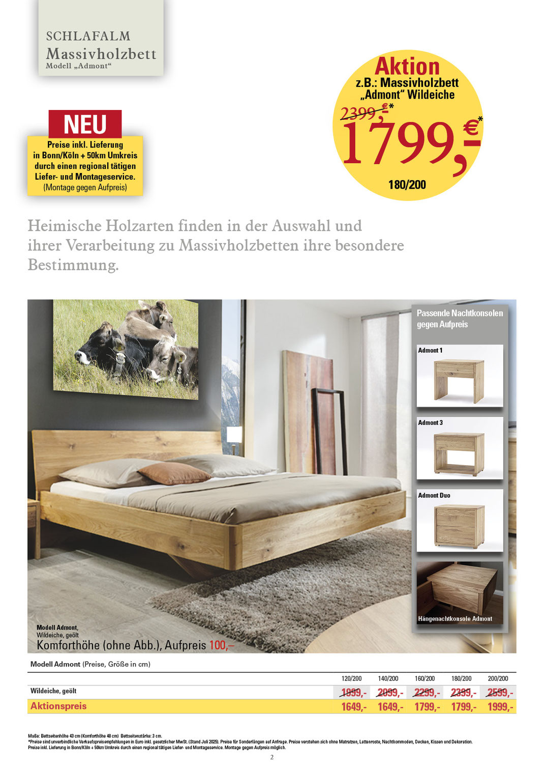 Ein Bild, das Text, Massivholzbetten, Betten zu Aktionspreisen, Massivholzbett -Admont- in Wildeiche und Preise enthält