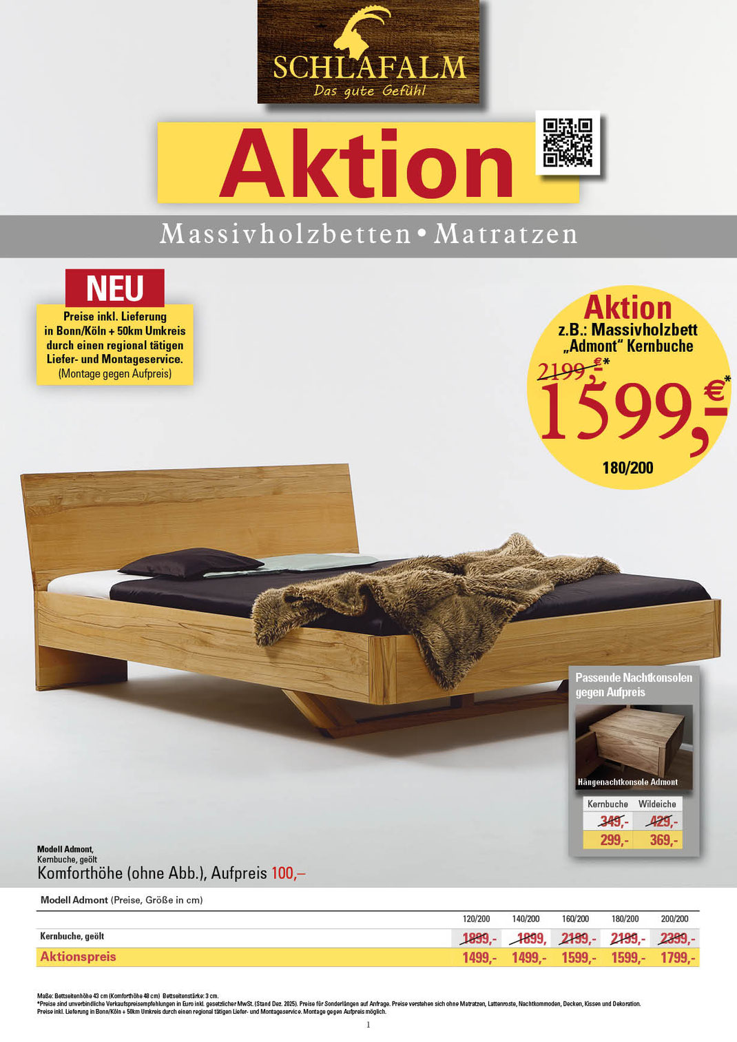 Ein Bild, das Text, Massivholzbetten, Betten zu Aktionspreisen, Massivholzbett -Admont- in Kernbuche und Preise enthält