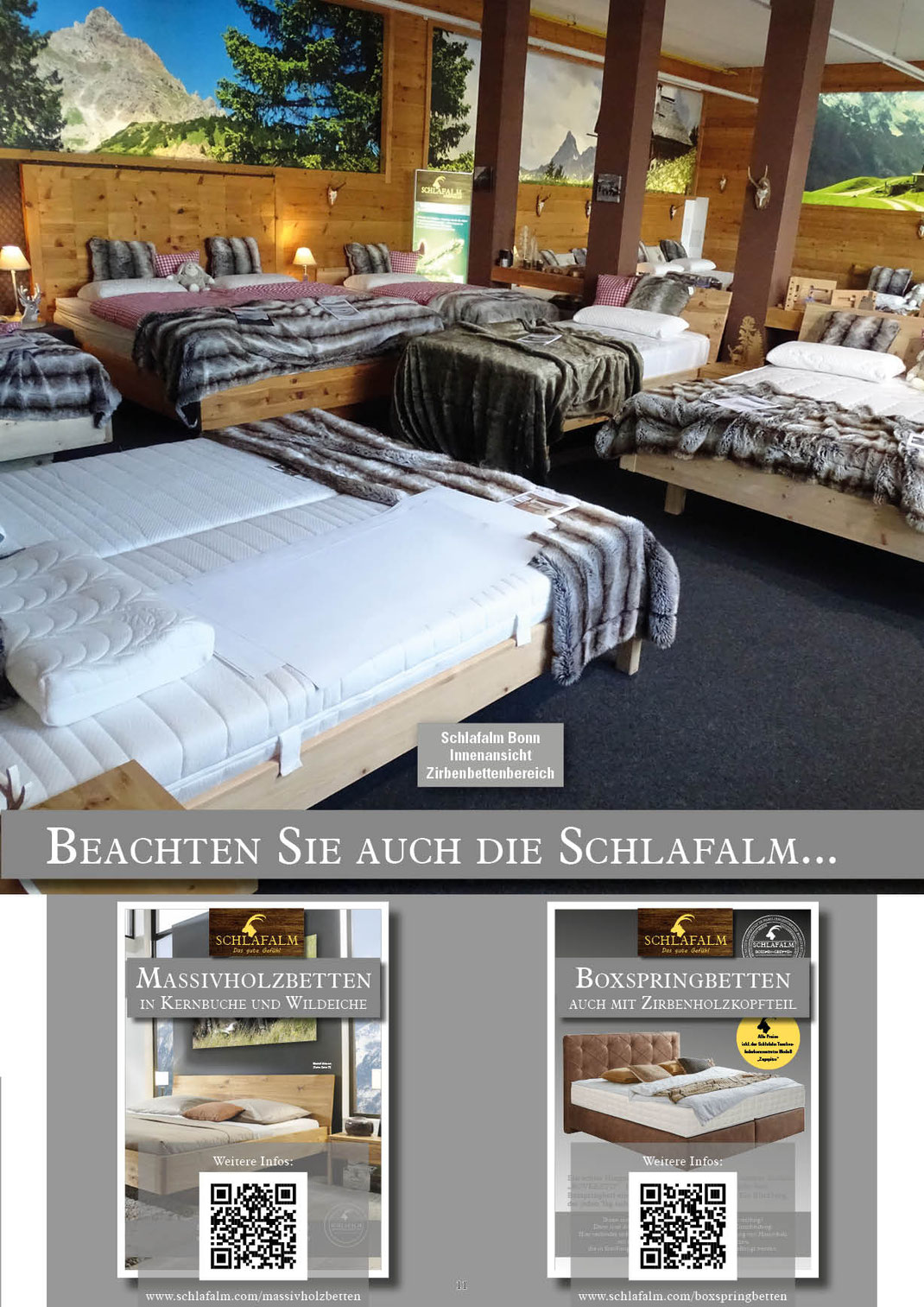 Ein Bild, das Text, Zirbenholzbetten und den Hinweis auf weitere Massivholzbetten und Boxspringbetten enthält.