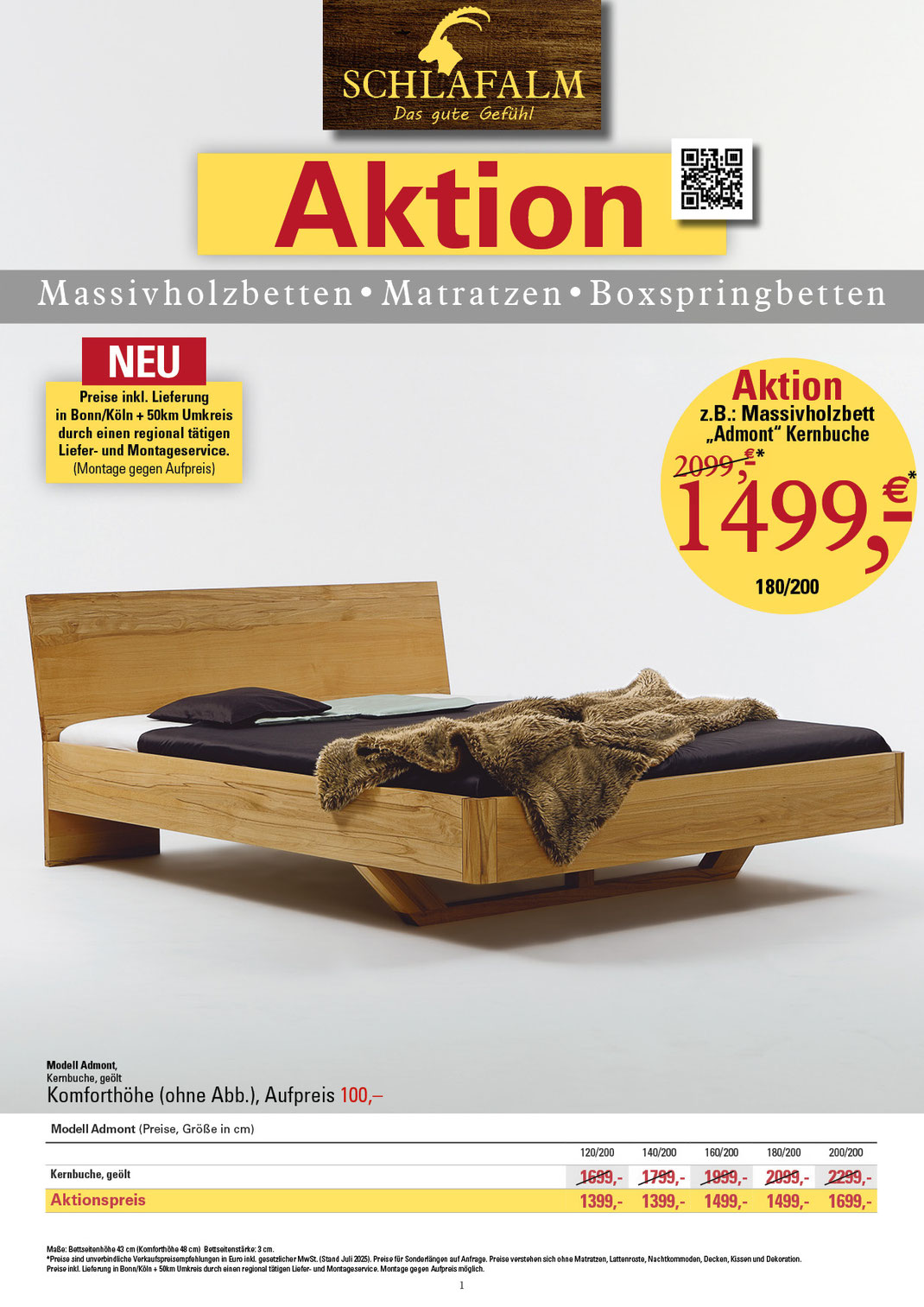 Ein Bild, das Text, Massivholzbetten, Betten zu Aktionspreisen, Massivholzbett -Admont- in Kernbuche und Preise enthält