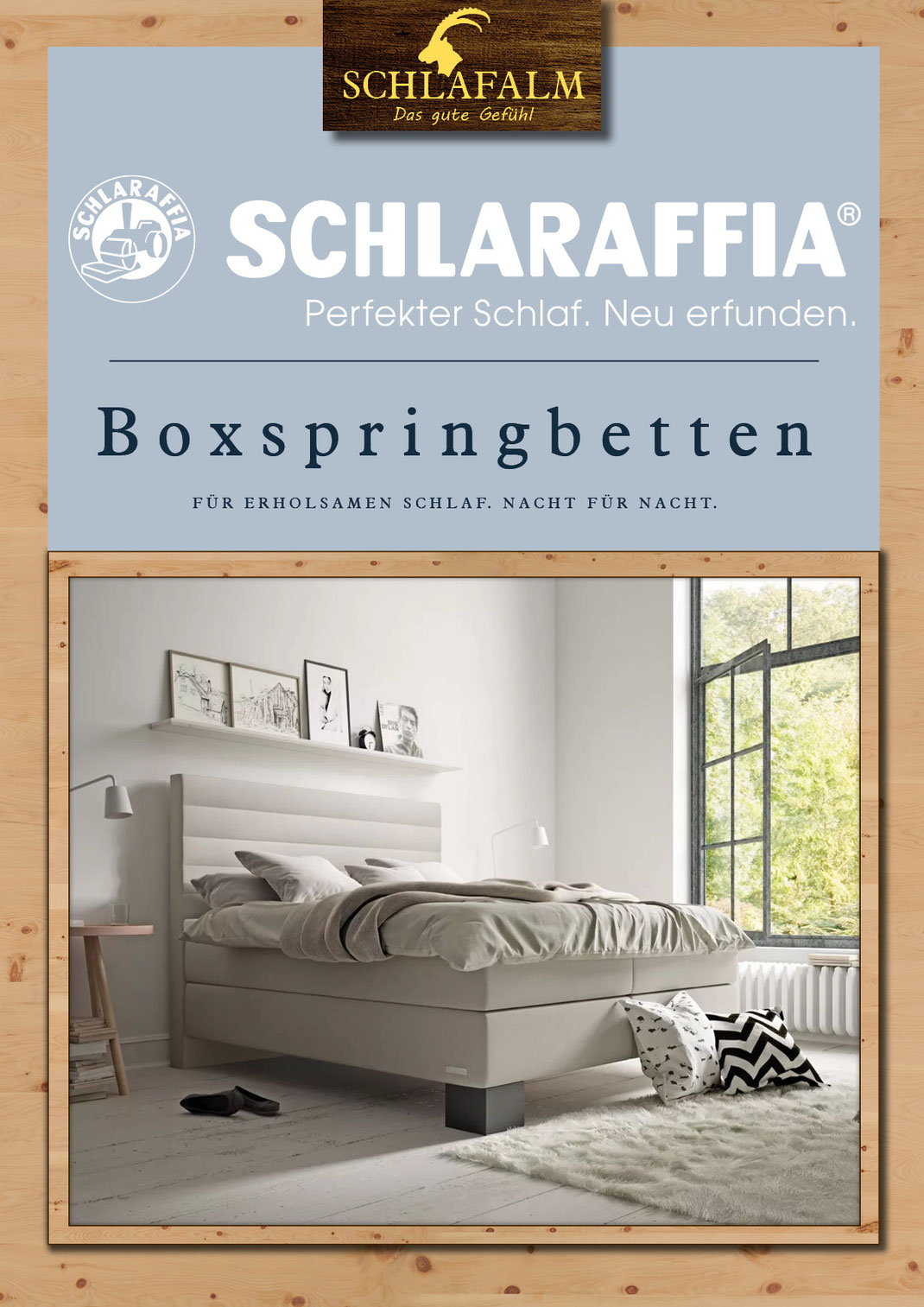 Ein Bild für unsere Besucher aus Köln, Bonn und dem Rhein-Sieg-Kreis, das Text und Bilder der neuen Schlaraffia Boxspringbetten in der Schlafalm Bonn enthält.