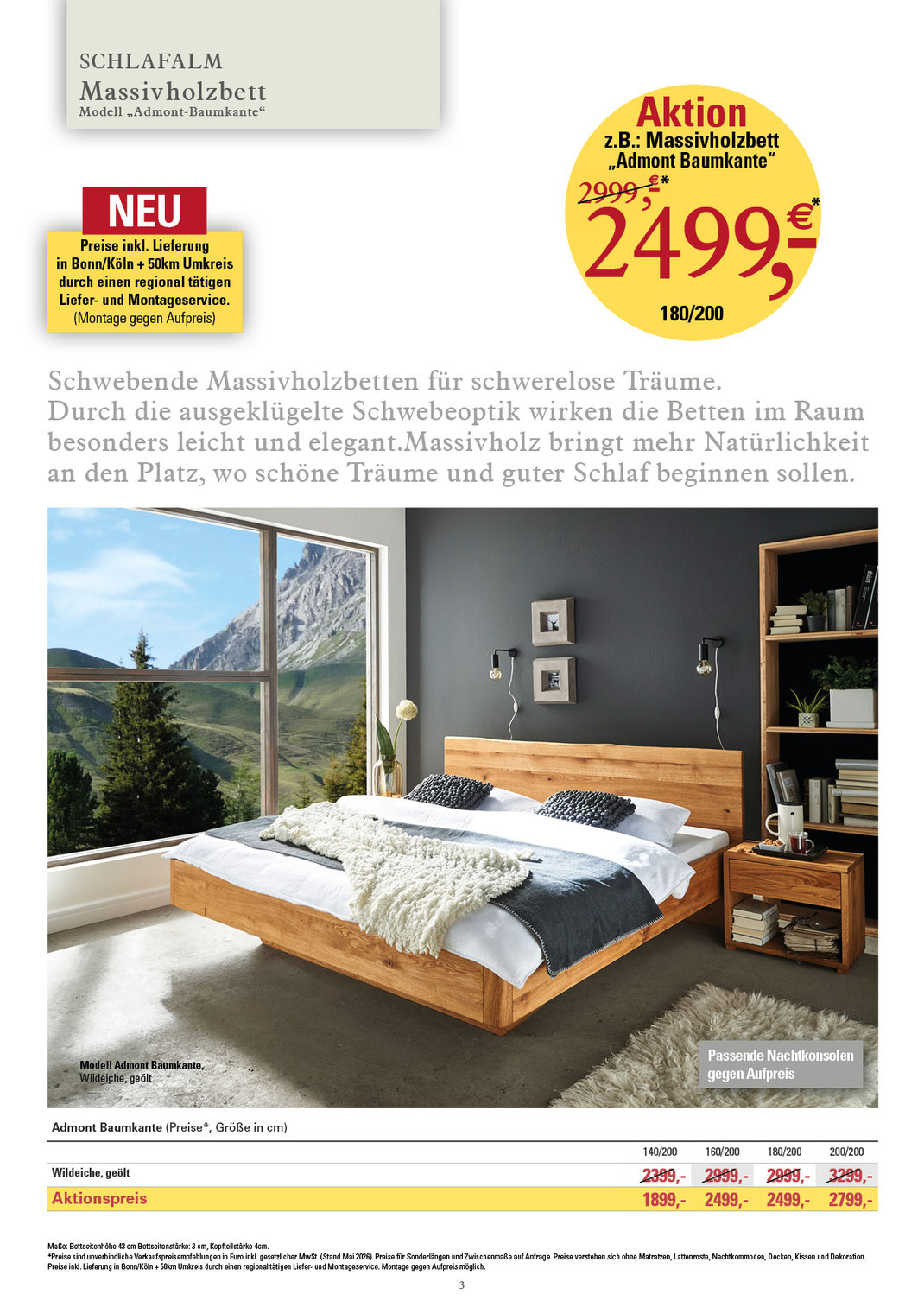 Ein Bild, das Text, Massivholzbetten, Betten zu Aktionspreisen, Massivholzbett -Admont- in Wildeiche mit Baumkante und Preise enthält.