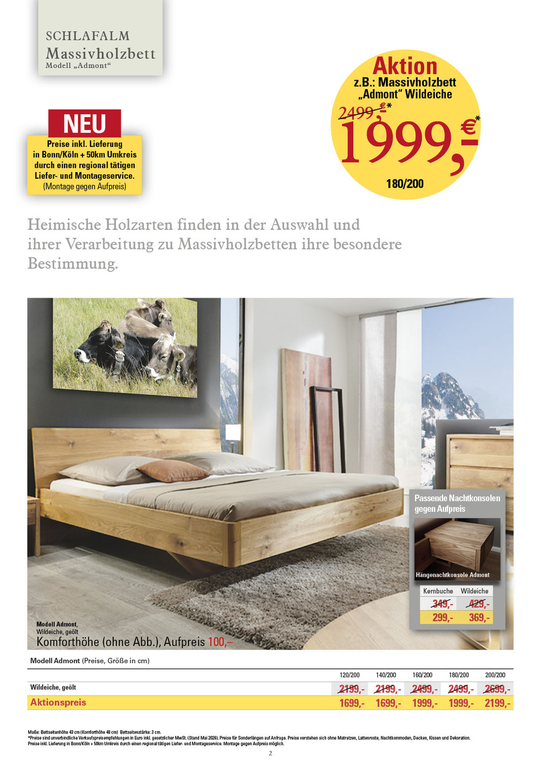 Ein Bild, das Text, Massivholzbetten, Betten zu Aktionspreisen, Massivholzbett -Admont- in Wildeiche und Preise enthält