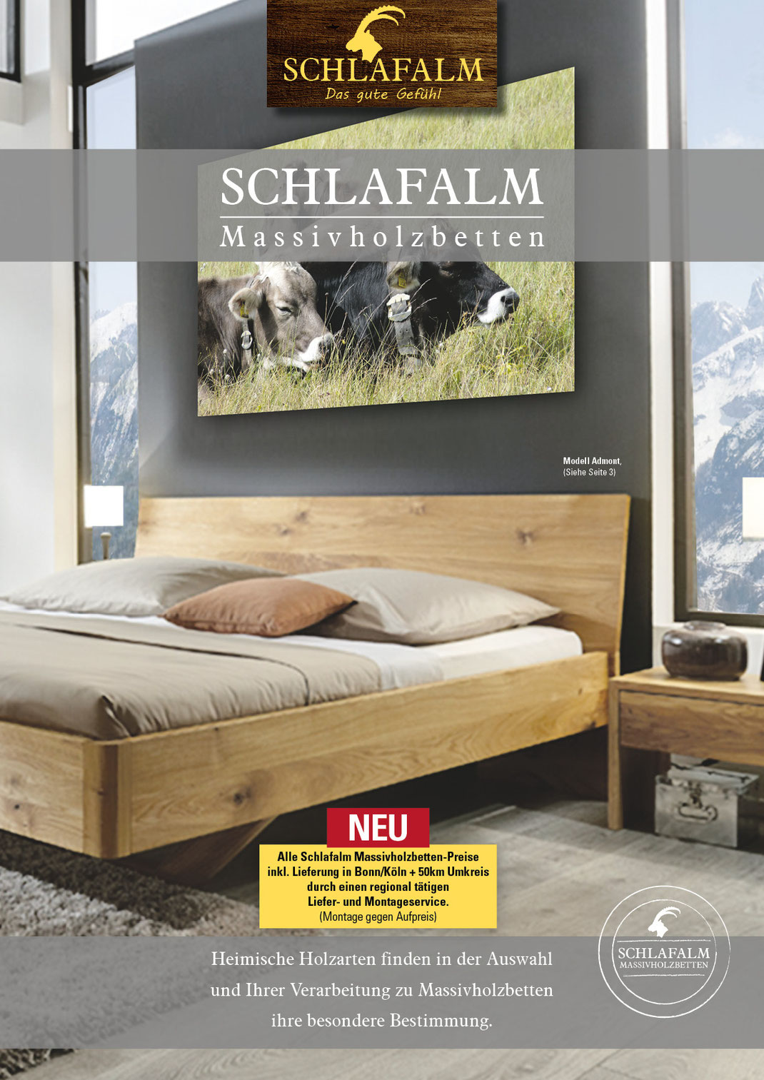 Ein Bild, das Text, Titelbild Massivholzbetten Prospekt, Bilder der Schlafalm Bonn, Massivholz Betten, Schlafzimmer enthält