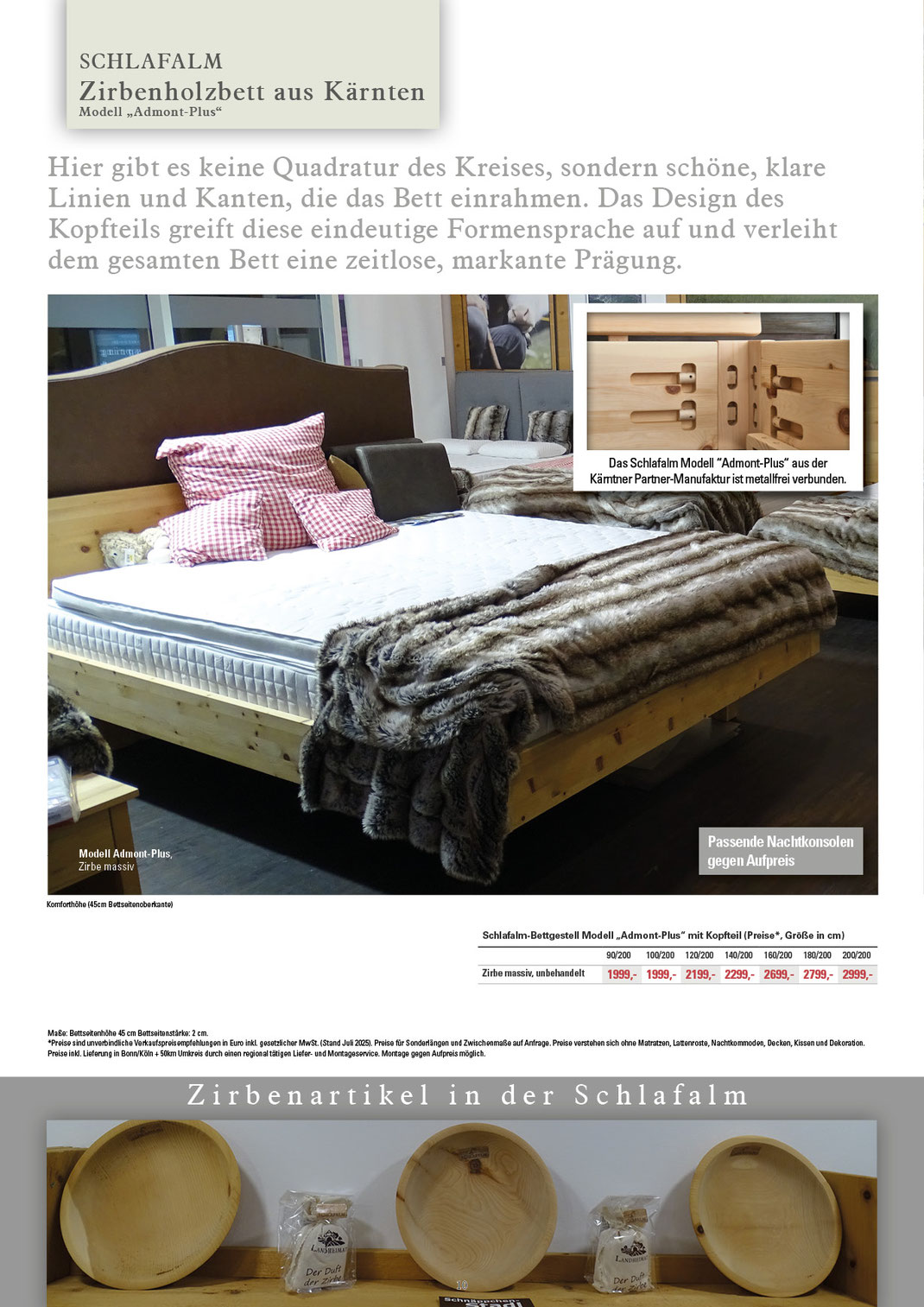 Ein Bild, das Text, die Manufaktur in Kärnten und das Zirbenholzbett Modell Admont enthält.