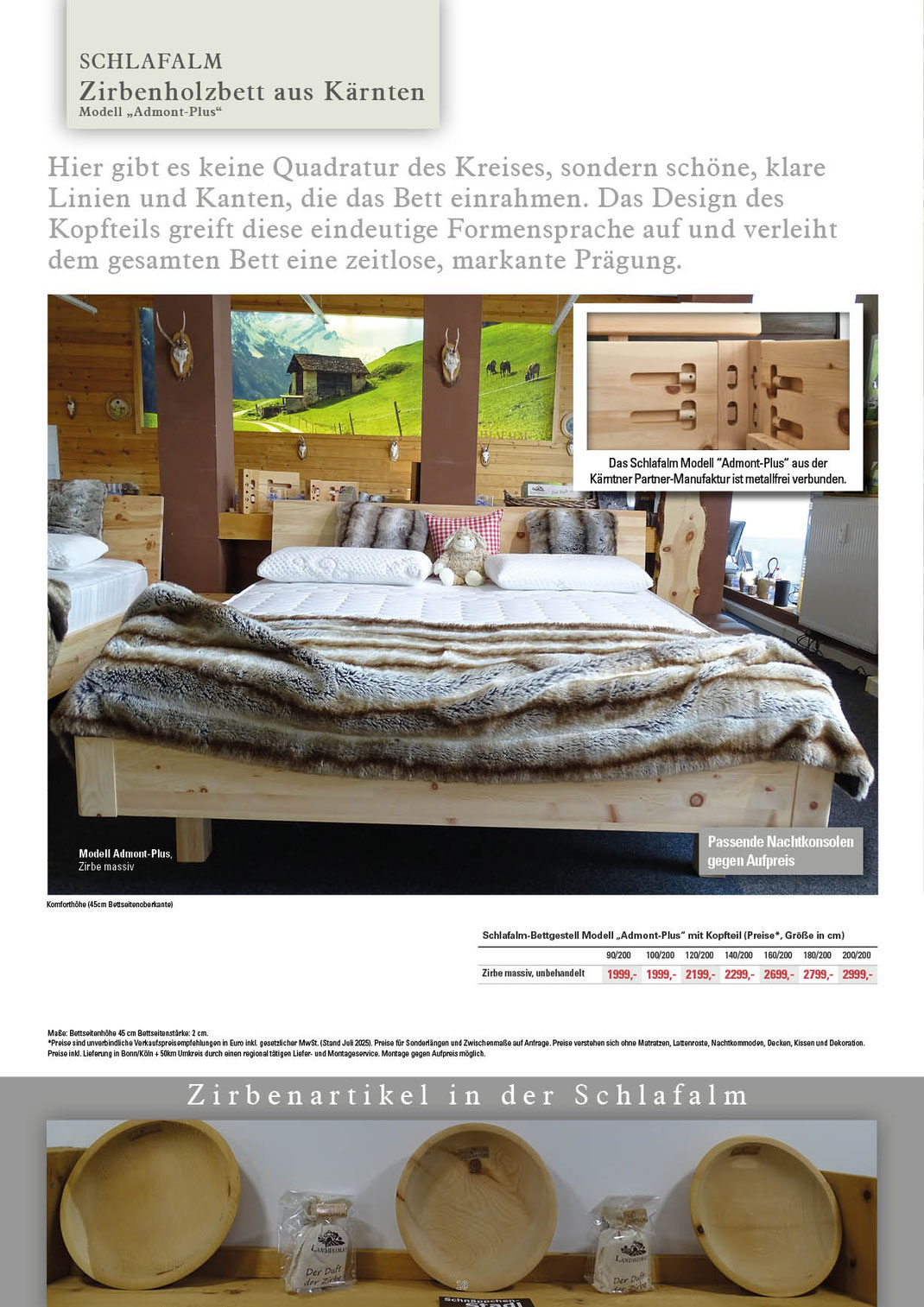 Ein Bild, das Text, die Manufaktur in Kärnten und das Zirbenholzbett Modell Admont enthält.