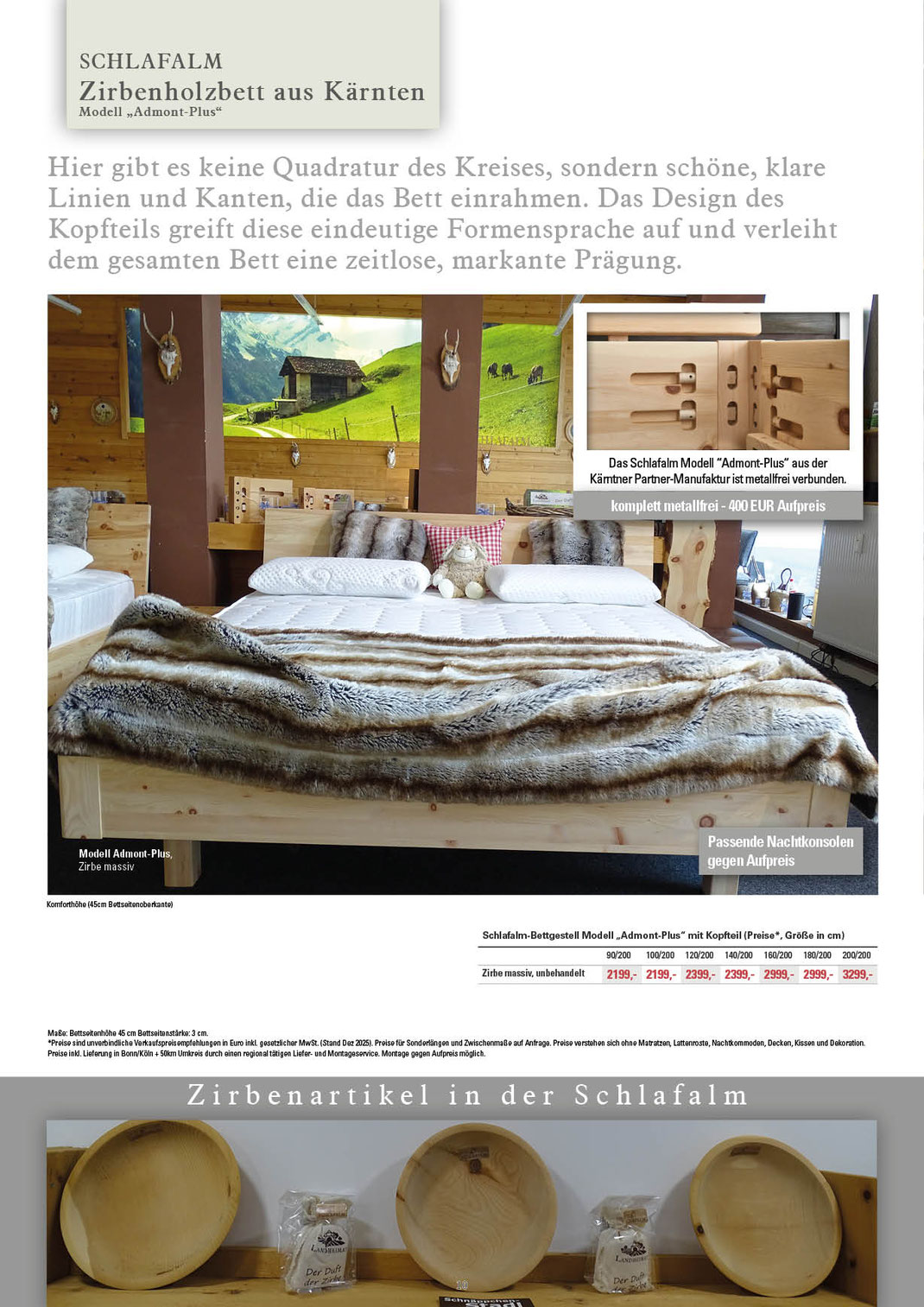 Ein Bild, das Text, die Manufaktur in Kärnten und das Zirbenholzbett Modell Admont Plus enthält.