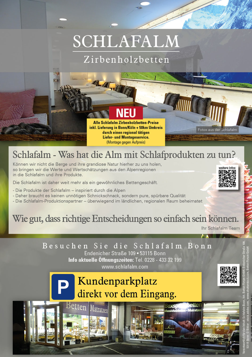 Ein Bild, das Text, die Schlafalm Bonn mit den Zirbenholzbetten und Adresse und Telefon Nummer enthält.
