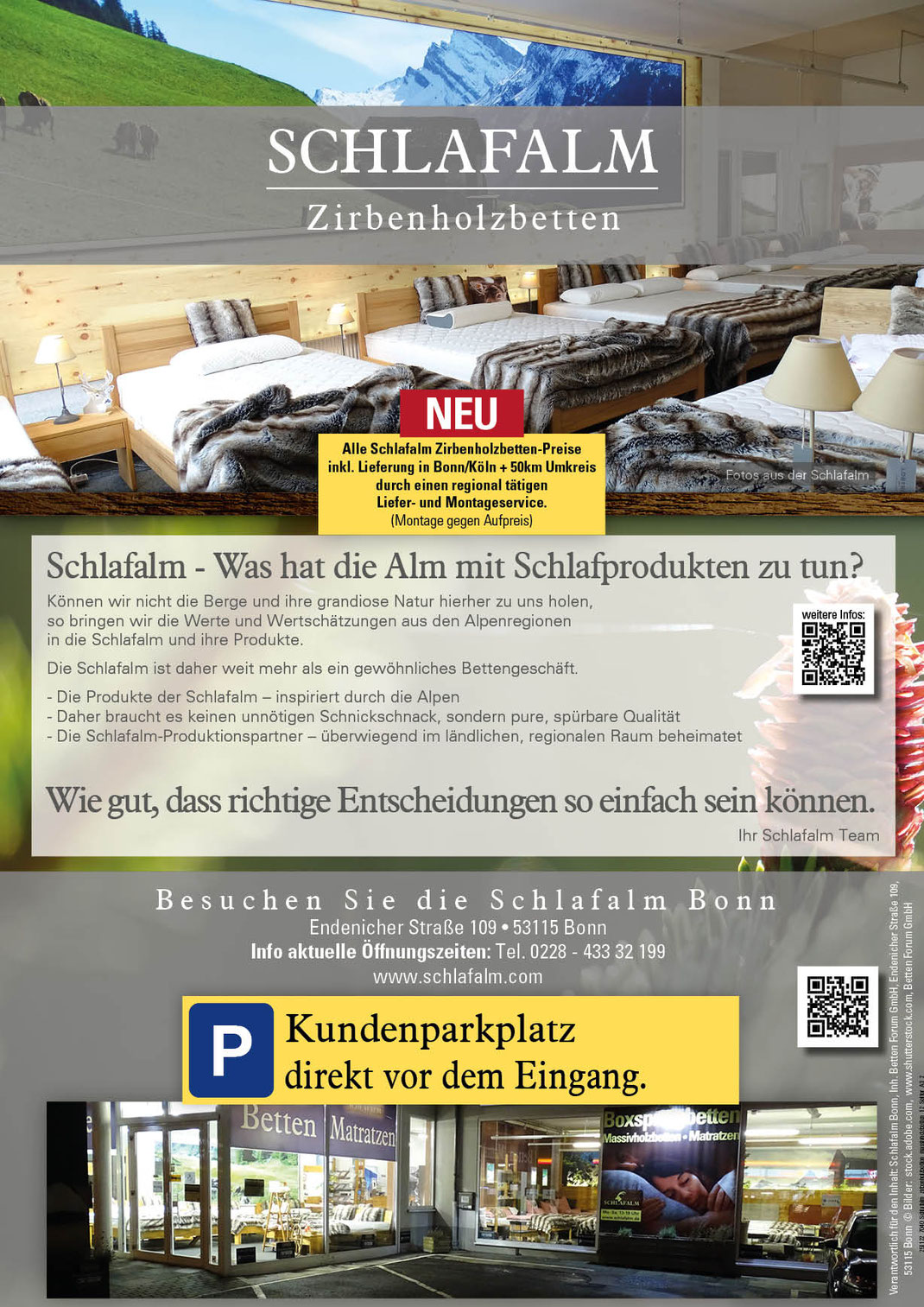 Ein Bild, das Text, die Schlafalm Bonn mit den Zirbenholzbetten und Adresse und Telefon Nummer enthält.