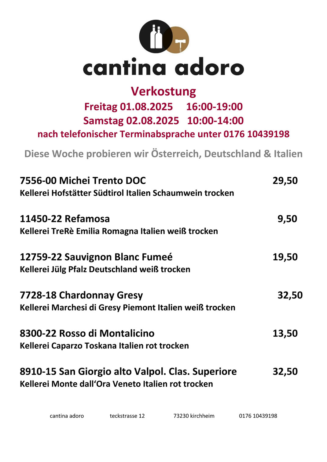 Der aktuelle Probeausschank in der Cantina Adoro in Kirchheim unter Teck