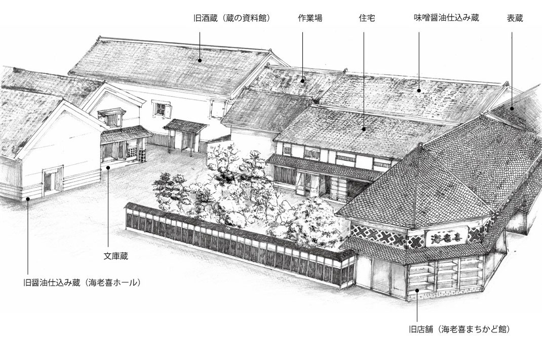 登米市登米町「みやぎの明治村」登録有形文化財「海老喜」の俯瞰図イラスト