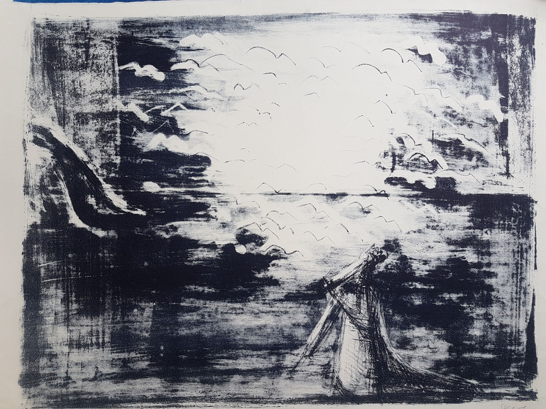 Ödipus, sich blendend, Lithographie, 2000