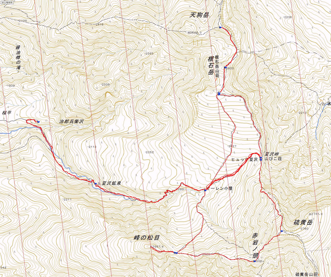 八ヶ岳　天狗岳、硫黄岳ルート図