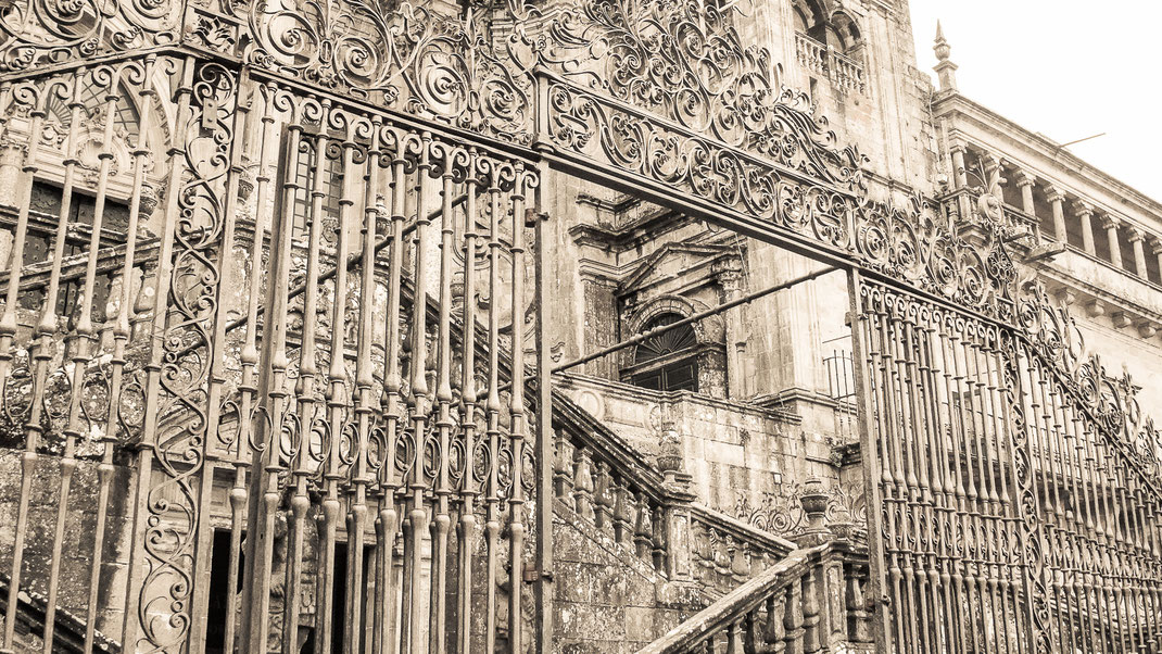 Western portal of the cathedral of Santiago de Compostela at Obradoiro square, Galicia, Spain