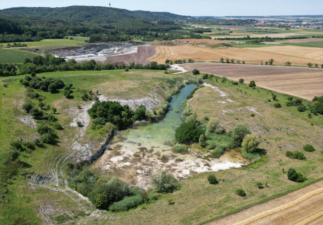 Die Drohnenaufnahme zeigt die Dimension des renaturierten Gipssteinbruchs im Vordergrund und den aktiven Abbau im Hintergrund. © Pascal Bunk, Knauf