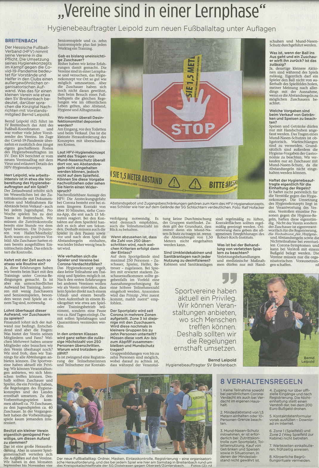 Erfahrungen und Tipps zum Hygienekonzept - Artikel der Kinzigtal-Nachrichten vom 3.9.2020