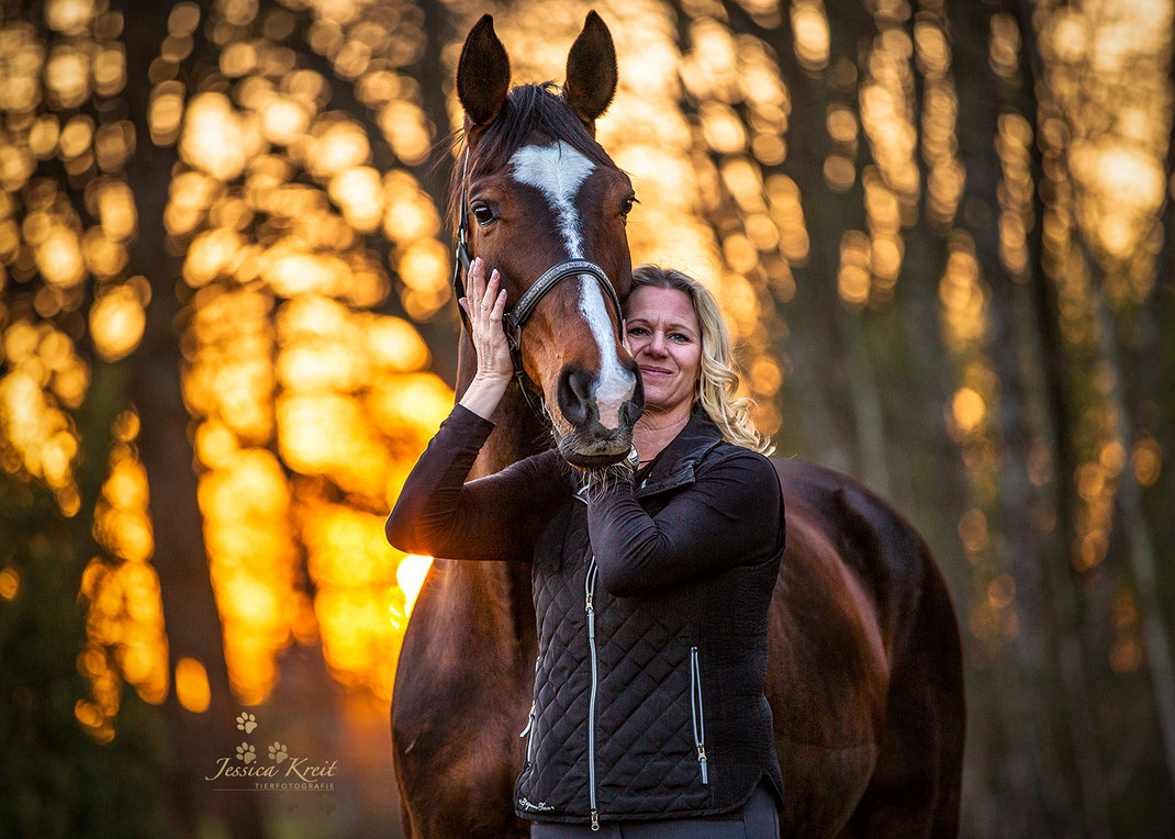Ramona und Lady kurz vor dem Sonnenuntergang im goldenen Licht