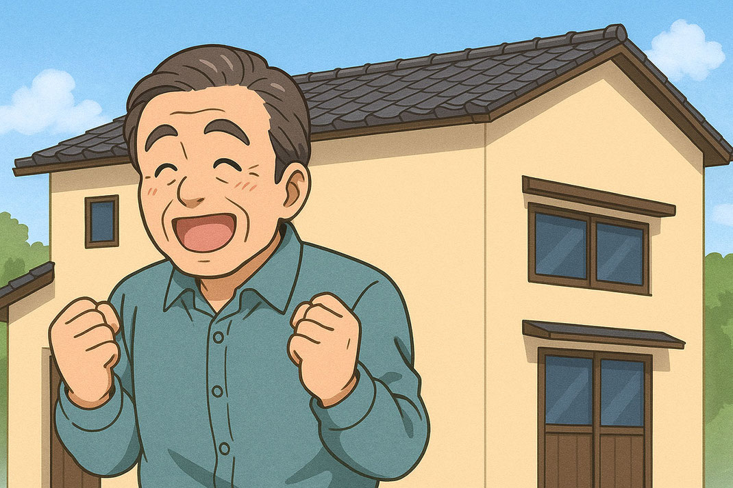 【イメージイラスト】外壁塗装が大成功に終わって大満足の家主
