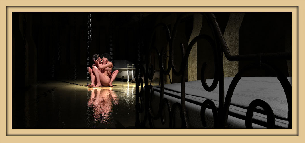 Akt lesbisch. Titel: Zwichen Bad und Bett. An einem metalenen Bettgestell schaut man vorbei auf zwei sich küssende Frauen vor einer Badewanne. 27., 28 und 29, September, Aachener Kunstroute 2019
