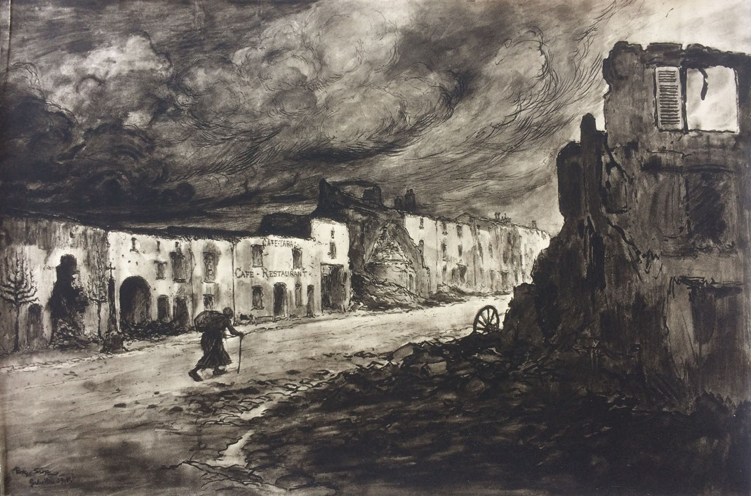 Fusain d'artiste montrant les destructions de Gerbéviller en 1914, après les combats