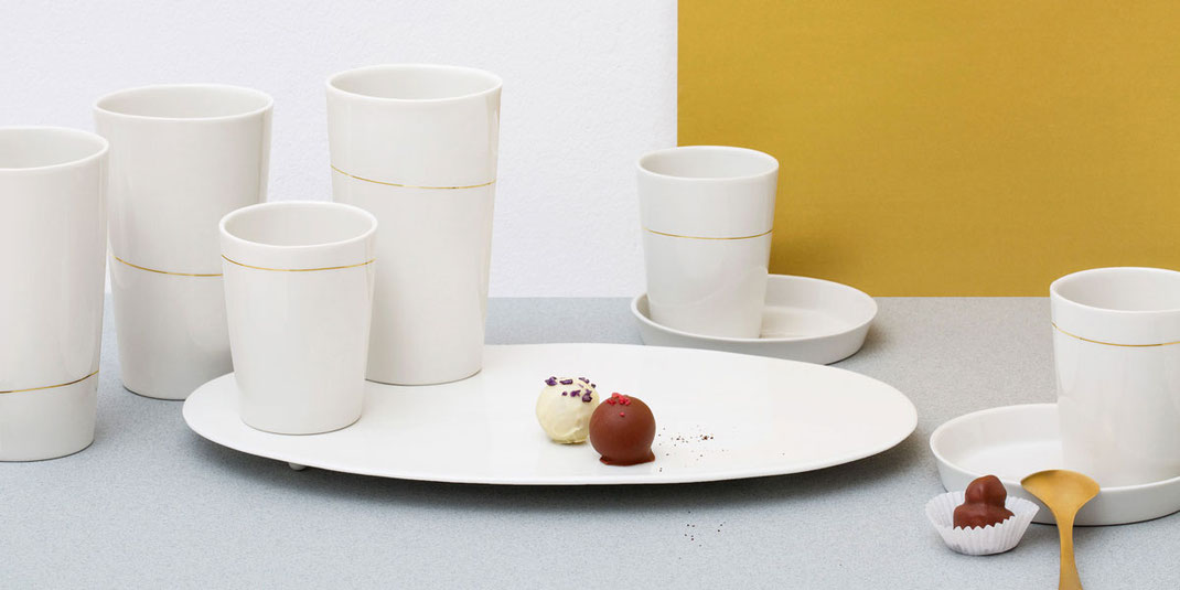Becher, Porzellan, Goldlinie, Kaffeebecher, Tee, Berlin, handmade