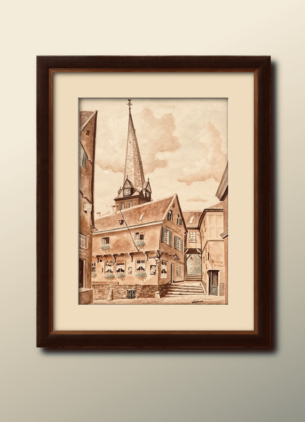 Aus der "STÄNDIGEN SAMMLUNG im MMKM MUSEUM MODERNE KUNST KÜLHEIM - W. Enaux "Kirchenhügel in Mülheim" , Aquarell