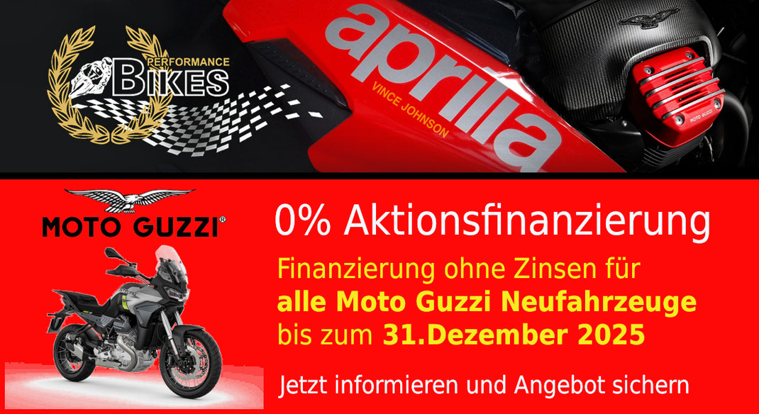 Banner Bild mit Text - Finanzierung ohne Zinsen: 0 % auf alle Moto Guzzi Modelle bis 31. 12. 2025