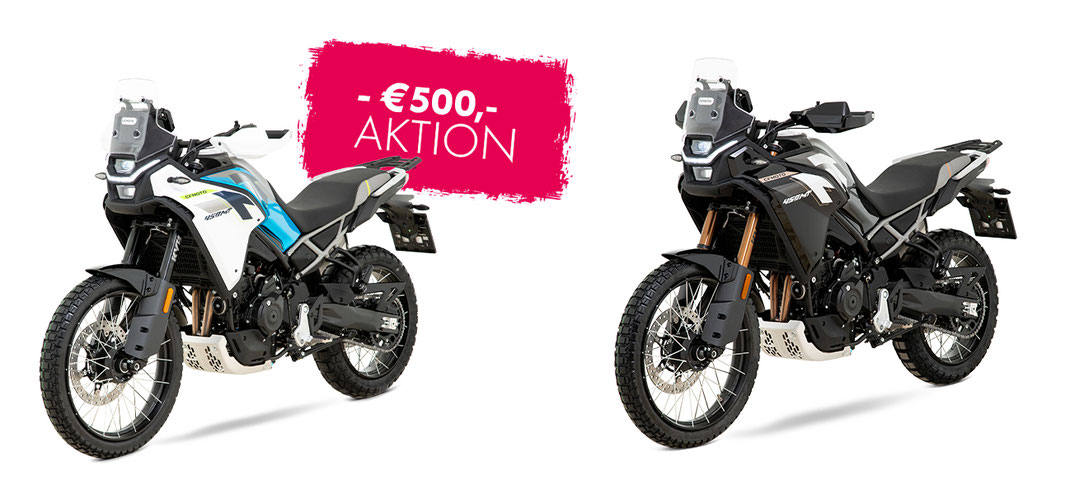 CFMOTO 450MT Frontansicht rechts - 3x Fahrzeugfarben -  Zephyr Blue - Tundra Grey - Nebula Black