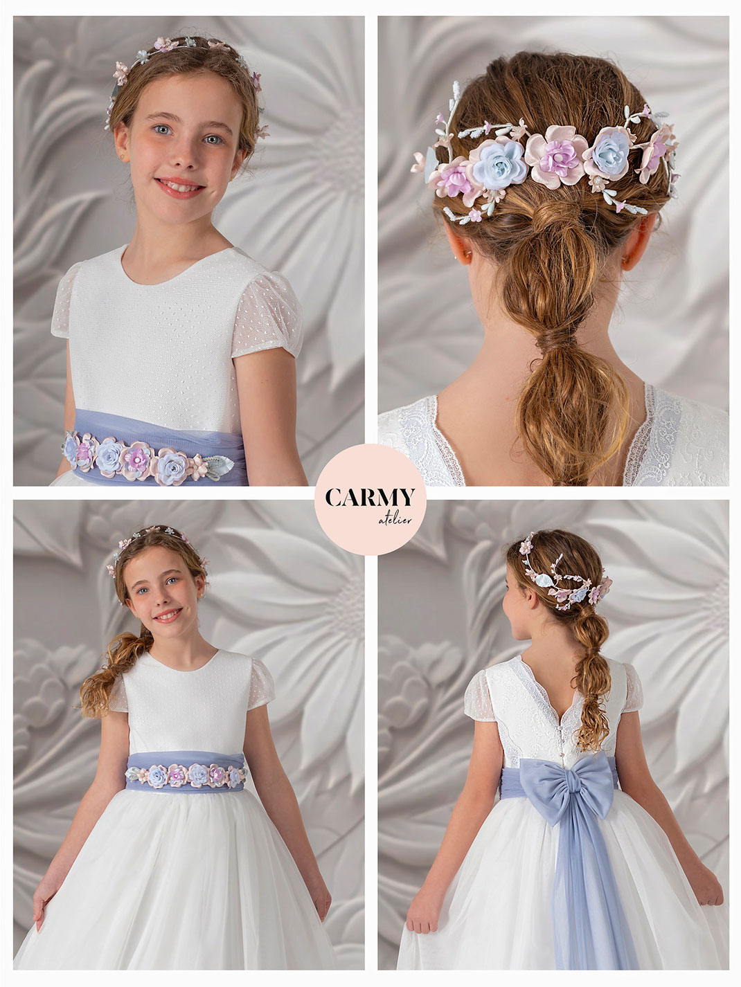 Mädchen trägt ein Kommunionkleid aus Chiffon aus der Kollektion Carmy Kommunion 2025