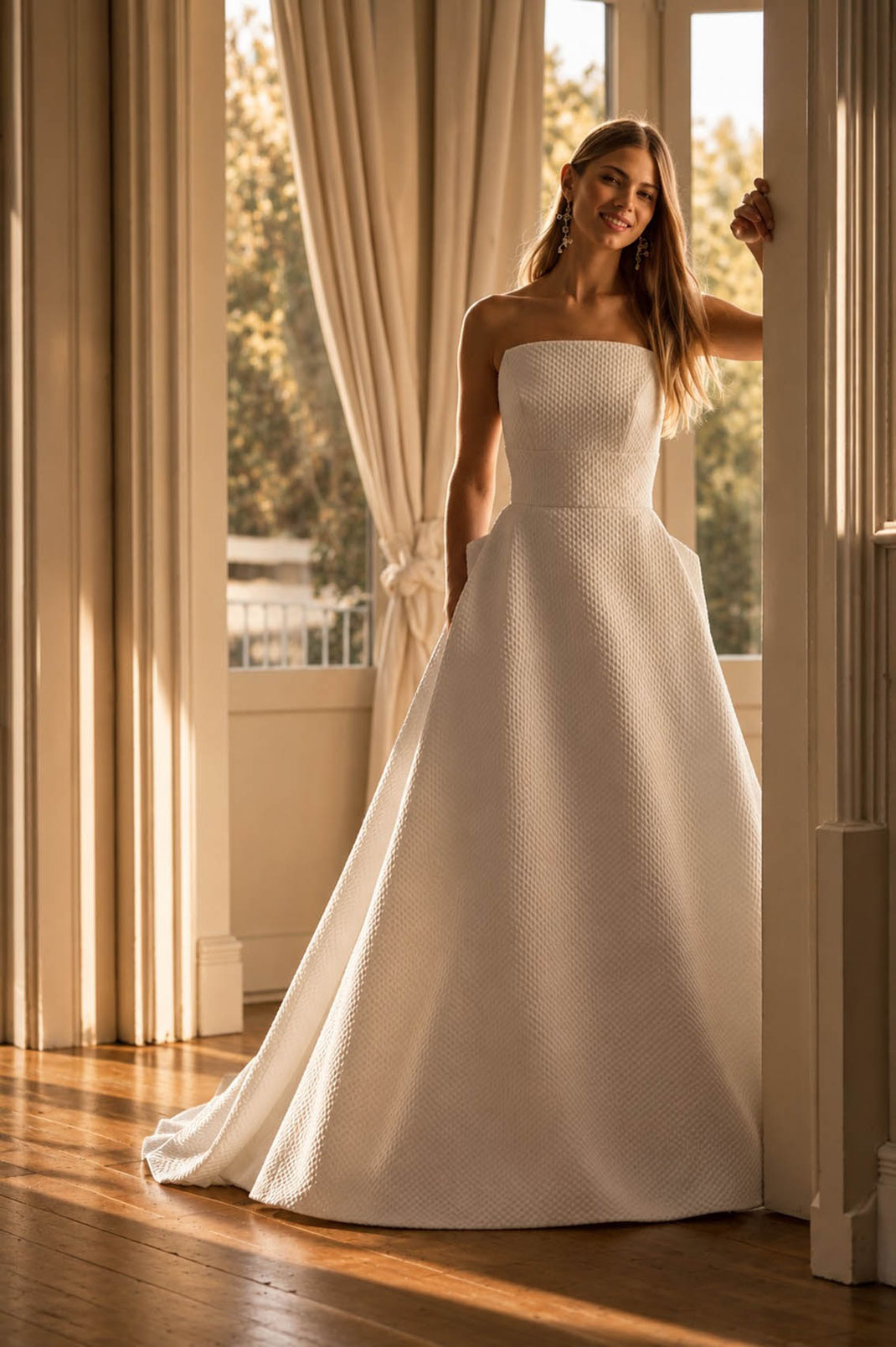 Junge Frau mit glatten braunen Haaren lässig posend in einem Zimmer trägt ein Jesus Peiro Brautkleid aus der Kollektion 2027