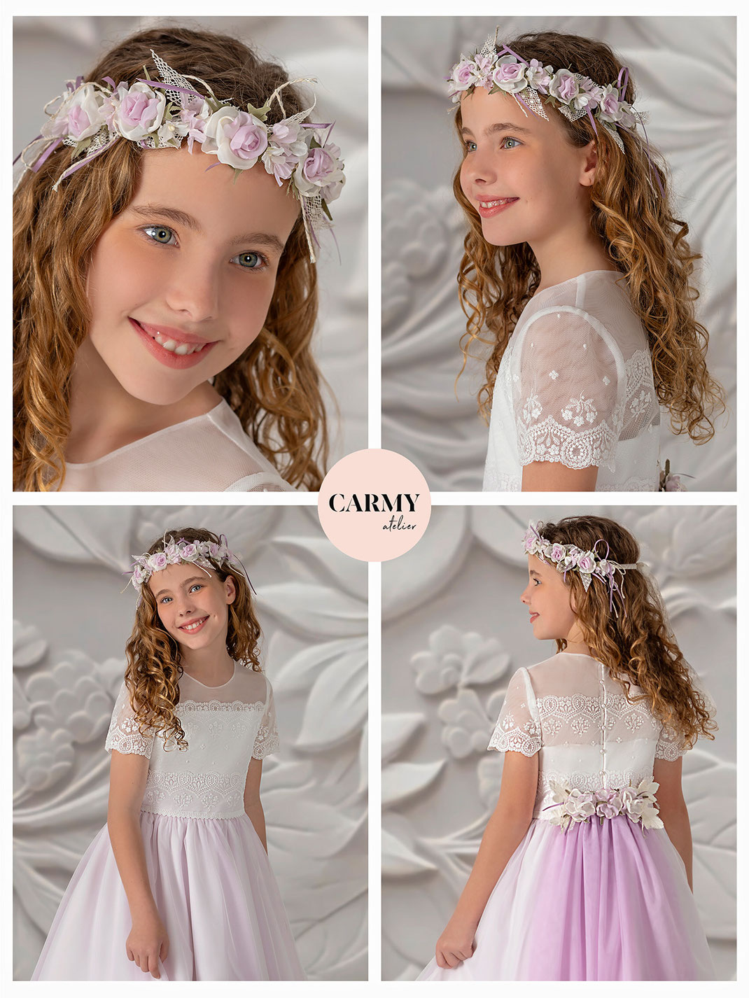 Mädchen trägt ein bezauberndes Kommunionkleid aus zartem Tüll Kollektion Carmy Kommunion 2025