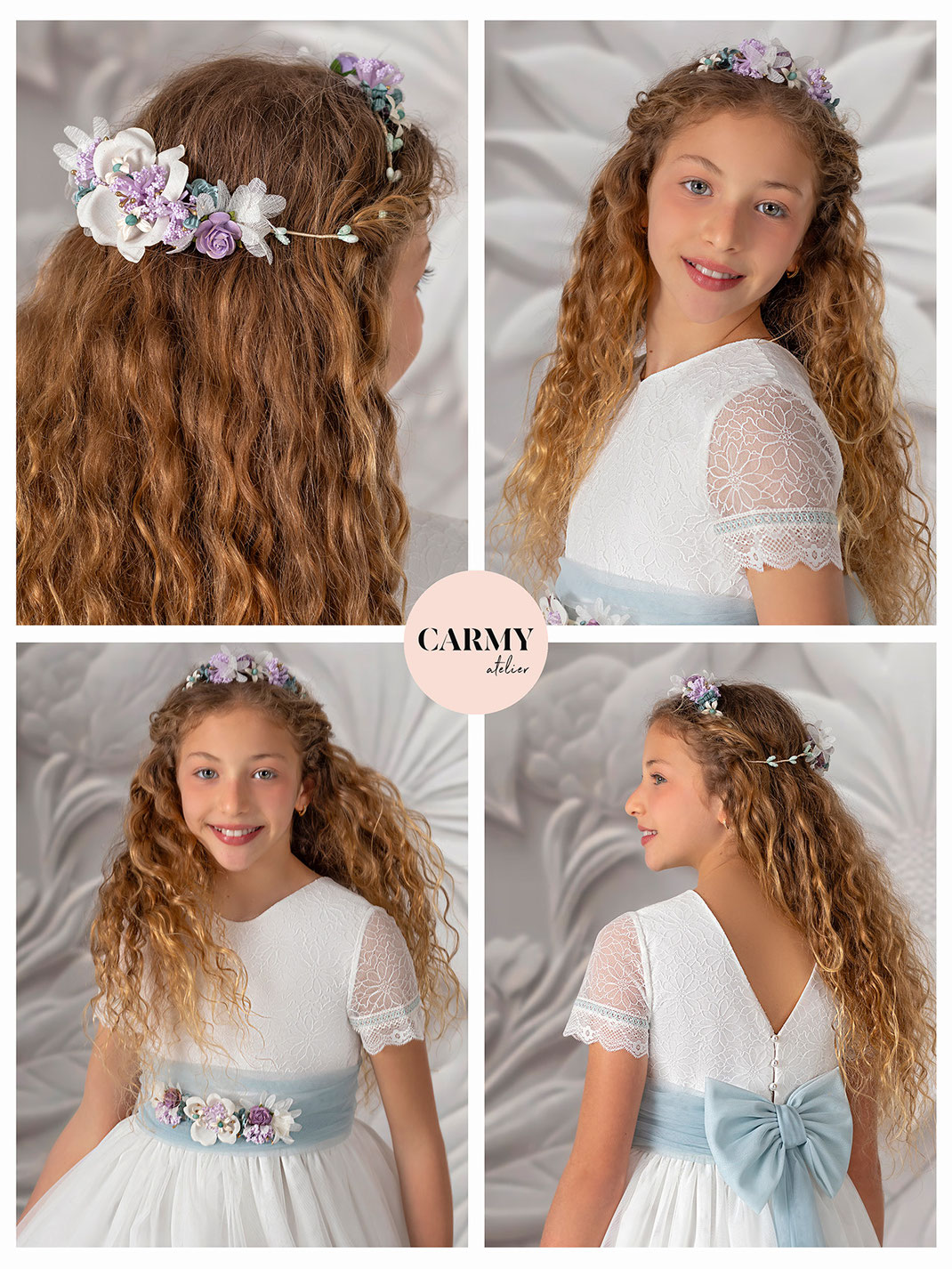 Hübsches Mädchen mit Locken trägt ein Kommunionkleid Kollektion Carmy Kommunion 2025