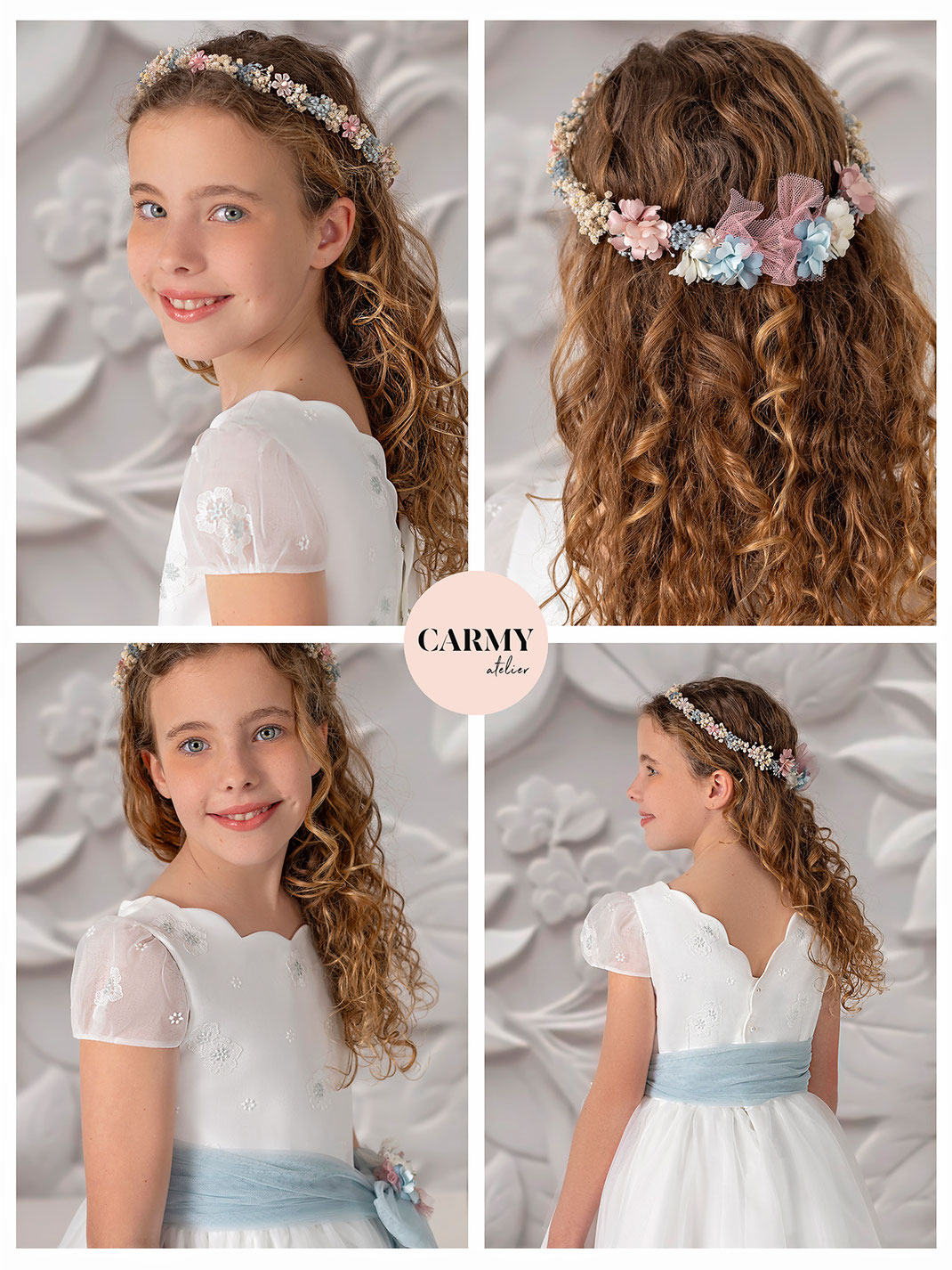 Mädchen trägt ein Kommunionkleid aus zartem Organza Kollektion Carmy Kommunion 2025