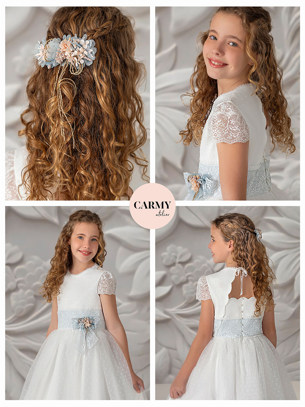 Mädchen trägt ein elegantes Kommunionkleid aus der Carmy Kommunion 2025 Kollektion