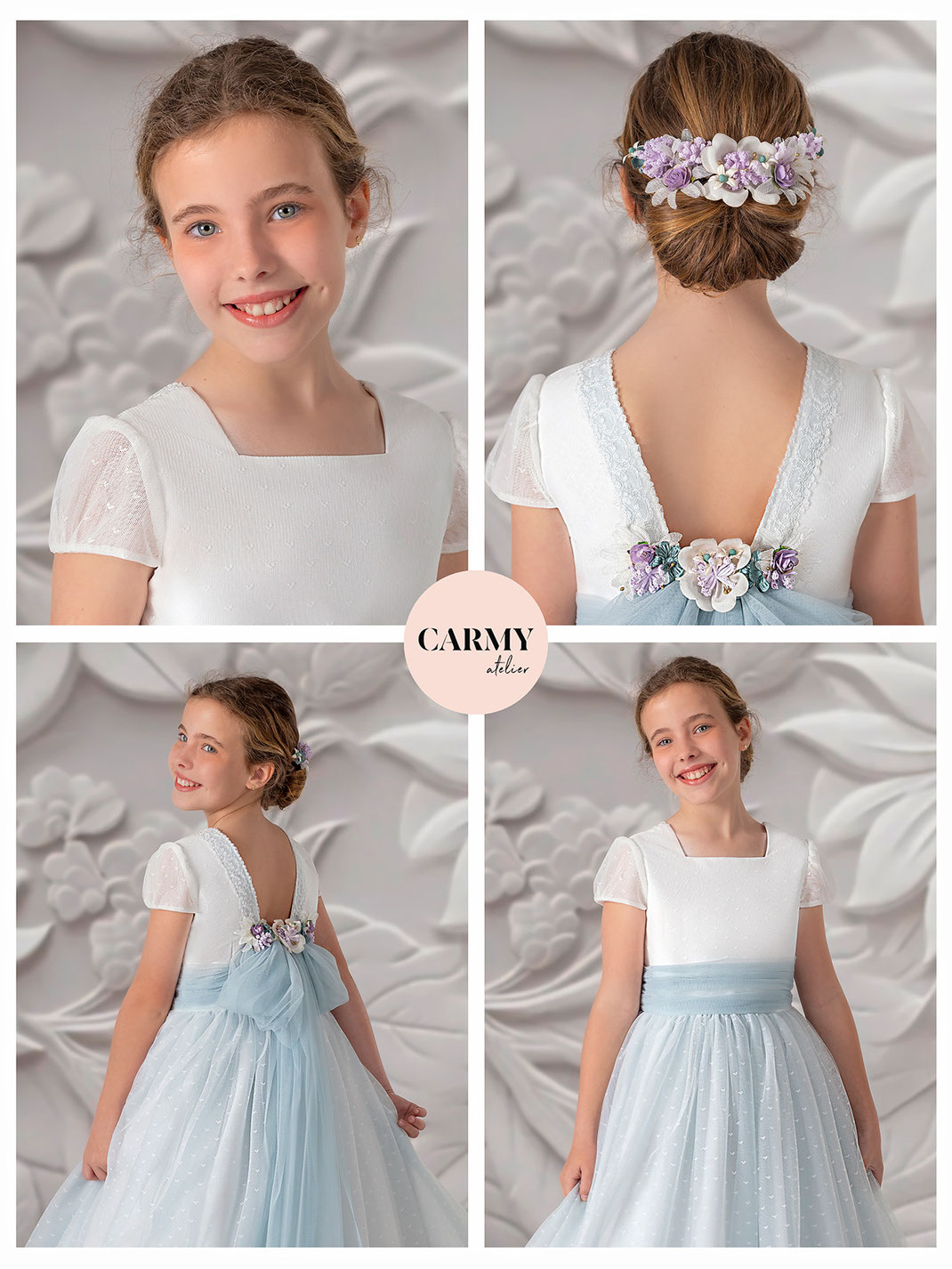 Mädchen trägt ein Kommunionkleid mit blauer Schleife aus der Carmy Kommunion 2025 Kollektion