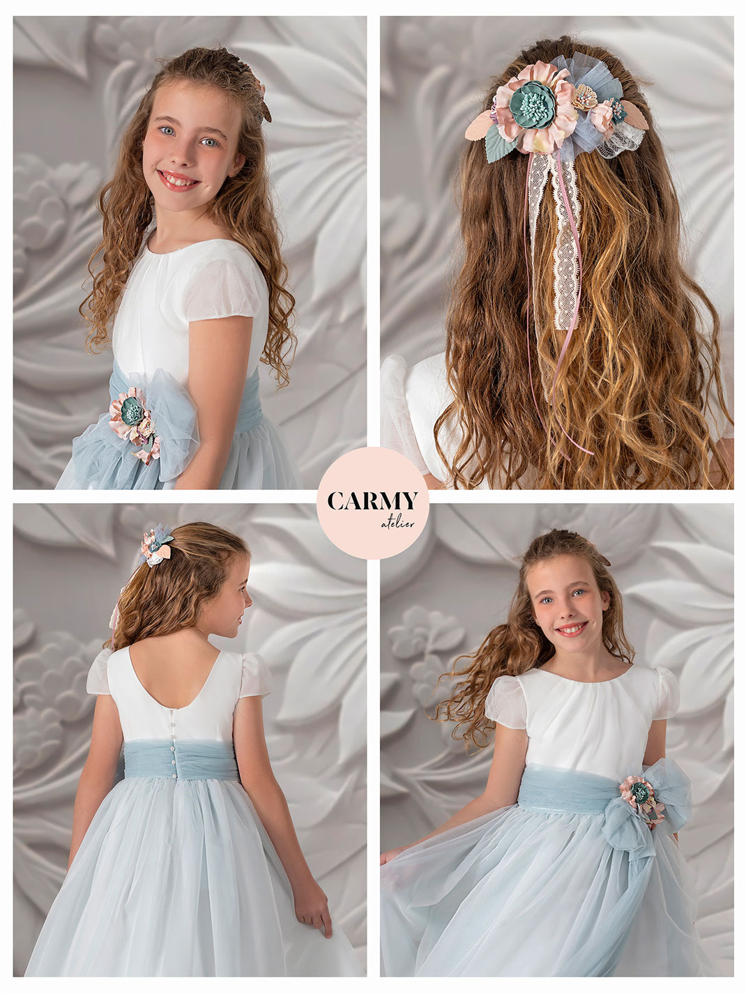 Mädchen mit braunen Haaren lächelt und trägt ein Kommunionkleid Carmy
