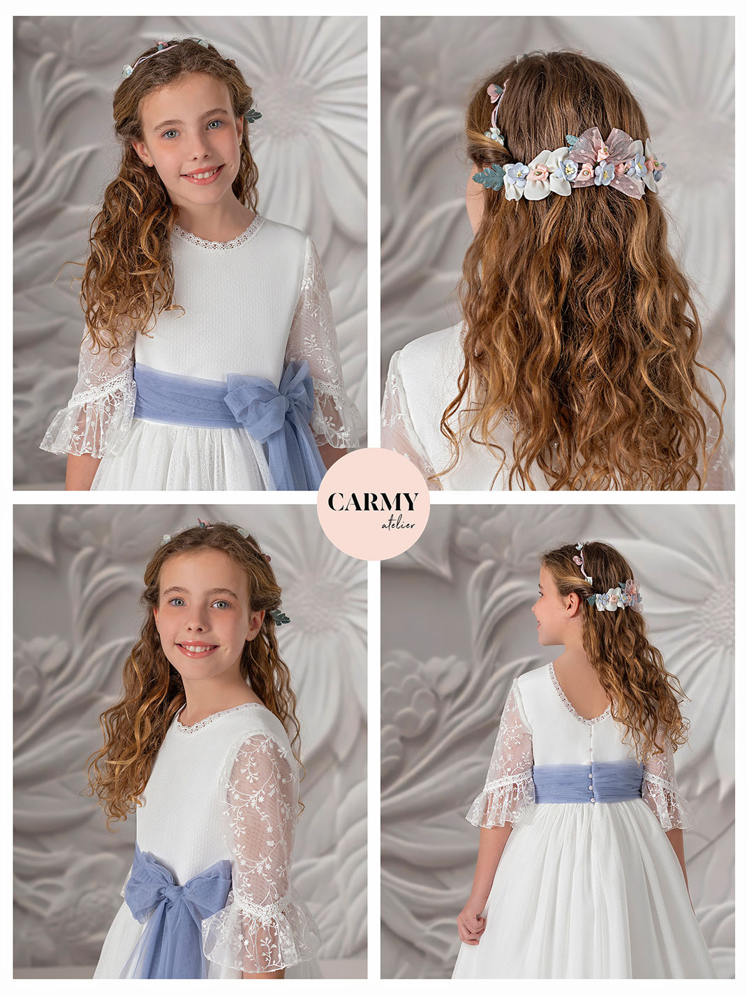 Lächelndes Mädchen trägt ein Kommunionkleid mit einer blauen Schleife aus der Kollektion Carmy Kommunion 2025