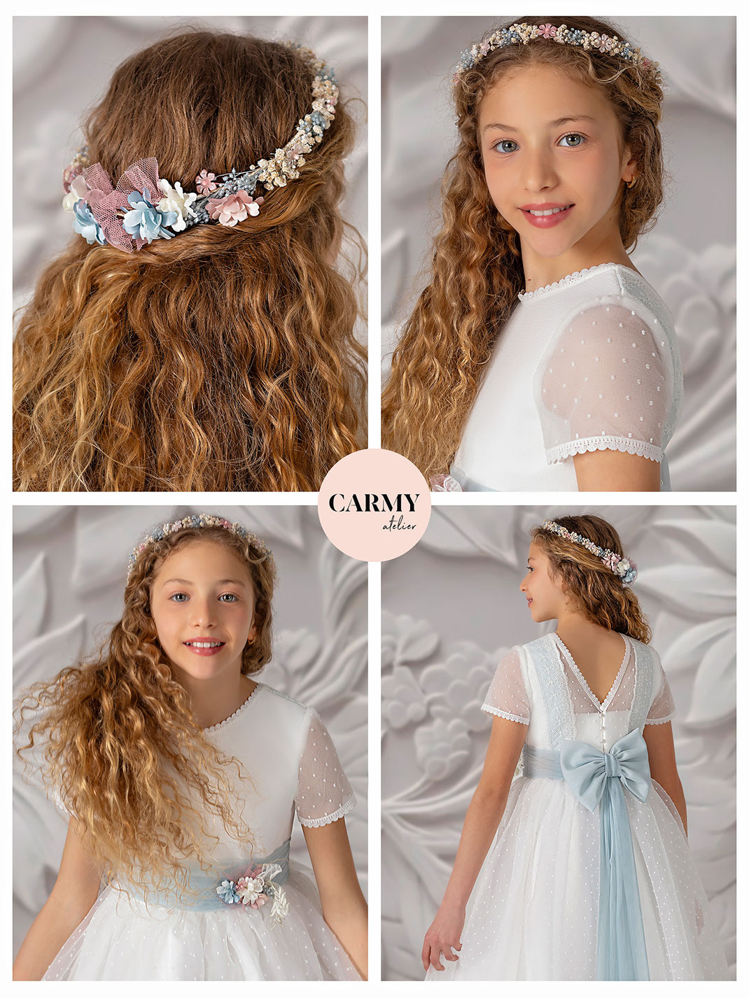 Hübsches Mädchen trägt ein Kommunionkleid mit Blumenschmuck im Haar aus der Carmy Kommunion 2025 Kollektion