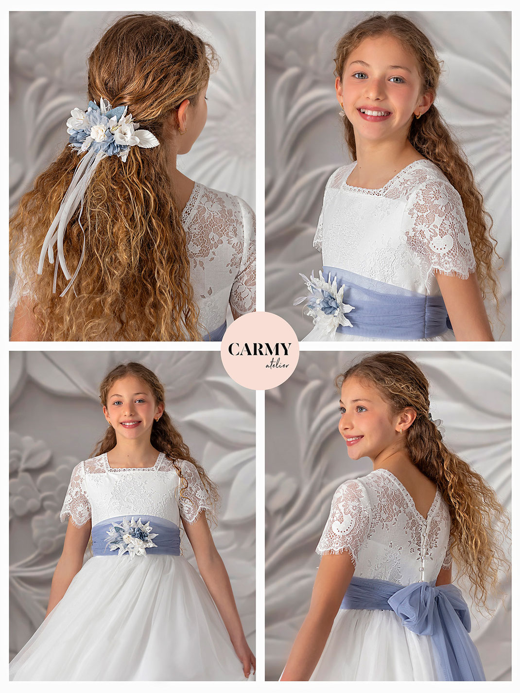 Mädchen trägt ein Kommunionkleid zur Erstkommunion aus zartem Illusions-Chiffon Kollektion Carmy Kommunion 2025