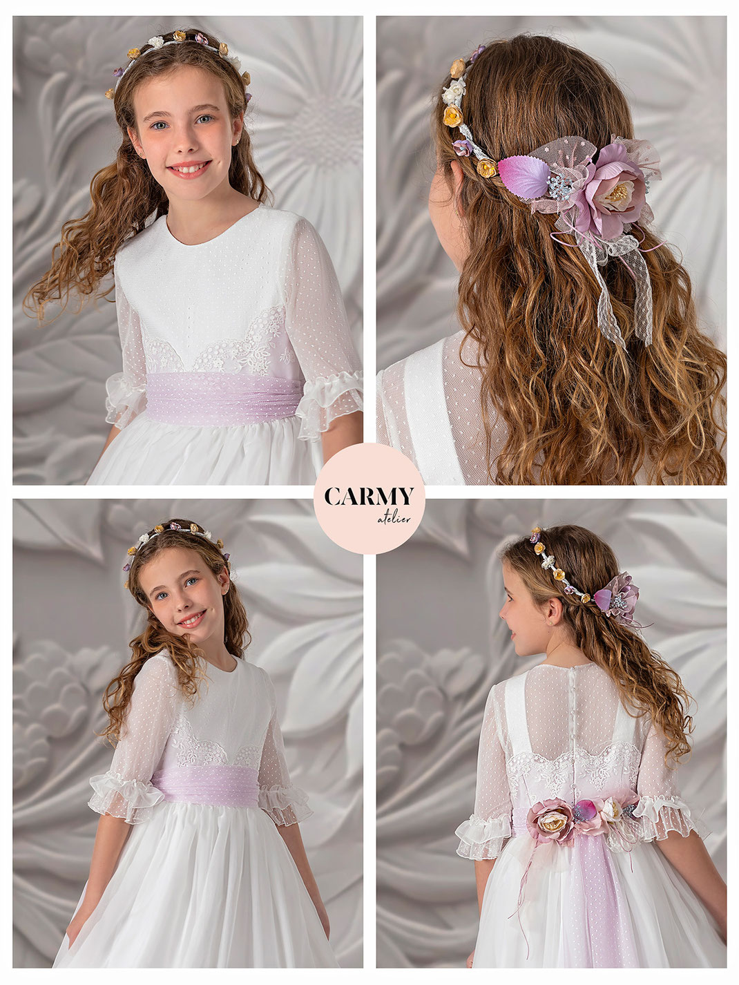 Mädchen trägt ein Kommunionkleid zur Erstkommunion aus zartem Chiffon Kollektion Carmy Kommunion 2025
