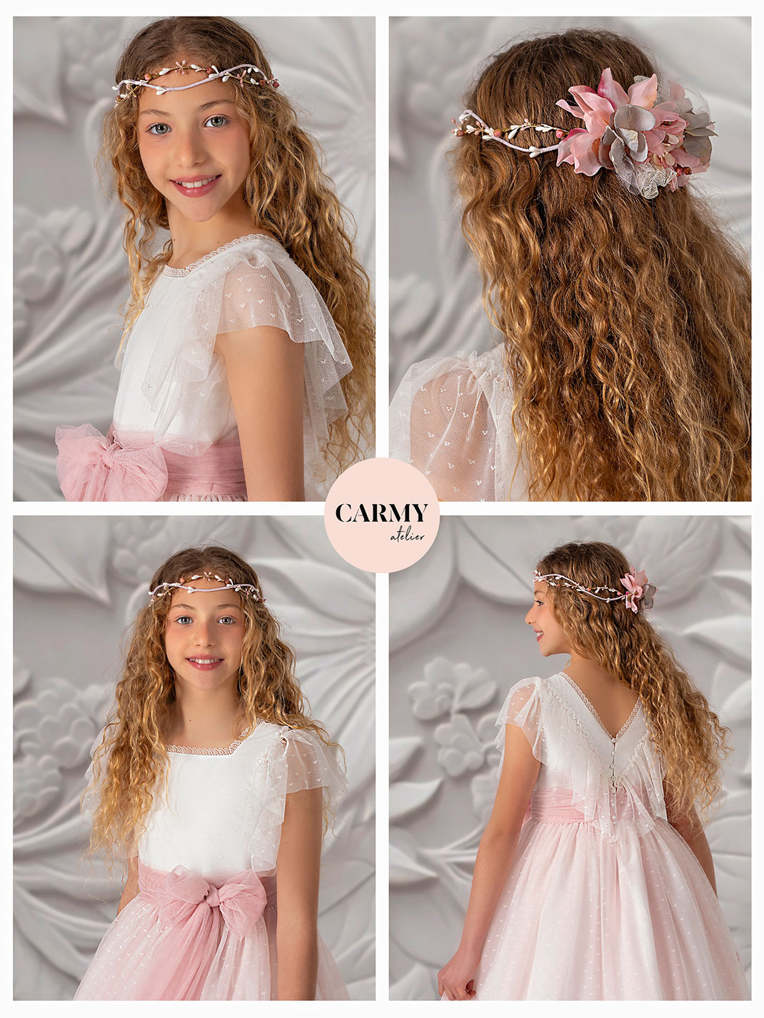 Mädchen mit blonden Locken trägt ein Kommunionkleid aus der Carmy Kommunion 2025 Kollektion