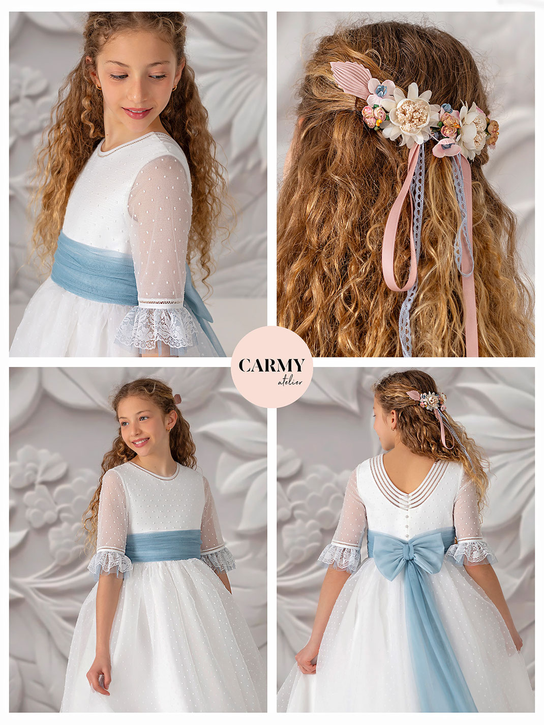 Mädchen trägt ein Kommunionkleid mit blauem Hüftband aus der Carmy Kommunion 2025 Kollektion