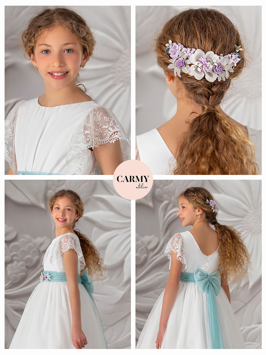 Mädchen trägt ein wunderschönes Kommunionkleid aus der Kollektion Carmy Kommunion 2025