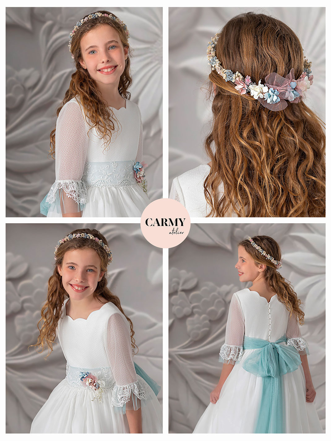 Mädchen trägt ein Kommunionkleid zur Erstkommunion aus zartem naturfarbenen Chiffon aus der Kollektion Carmy Kommunion 2025