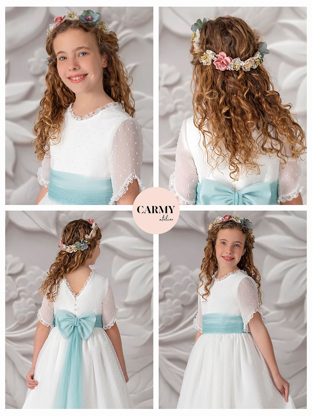 Hübsches Mädchen trägt ein Kommunionkleid mit blauer Schleife aus der Carmy Kommunion 2025 Kollektion