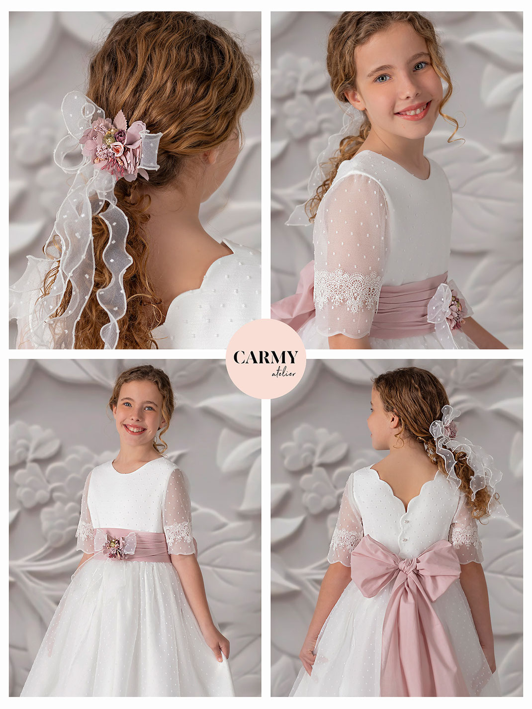 Mädchen trägt ein elegantes Kommunionkleid mit rosa Schleife aus der Carmy Kommunion 2025 Kollektion