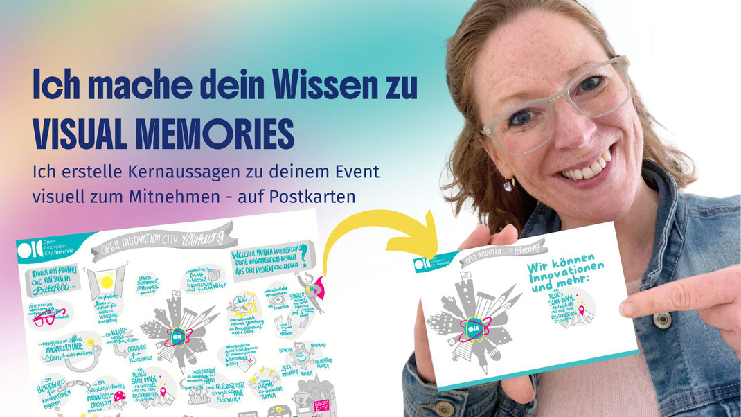 Melli zeigt eine Postkarte, die einen Auszug aus einem umfassenden Graphic Recording zeigt und die wichtigste Botschaft eines Teilnehmenden auf den Punkt bringt. Darauf zu lesen ist: Wir können Innovationen und mehr. 